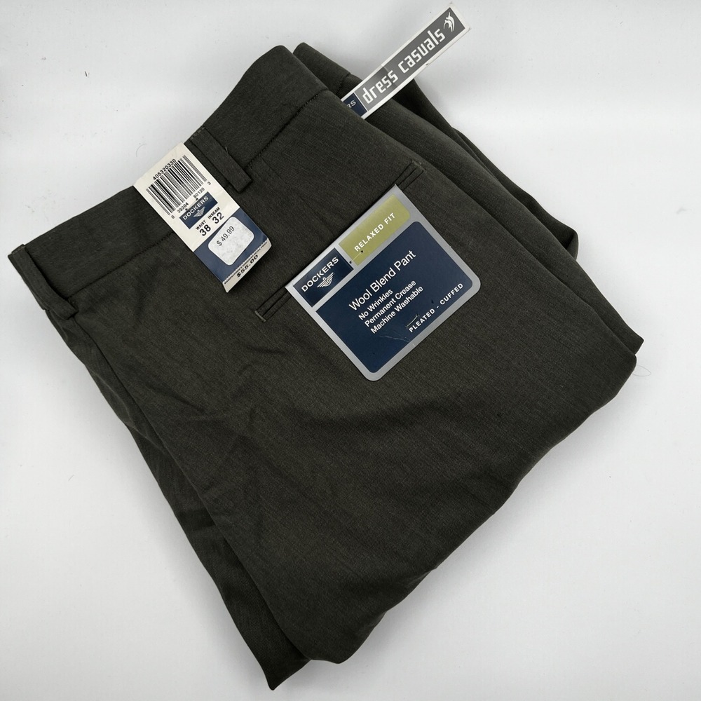 Dockers Dress Pant‎ Mens 38x32 Wool Blend Green Relaxed Fit Pleated Cuffed NEW
